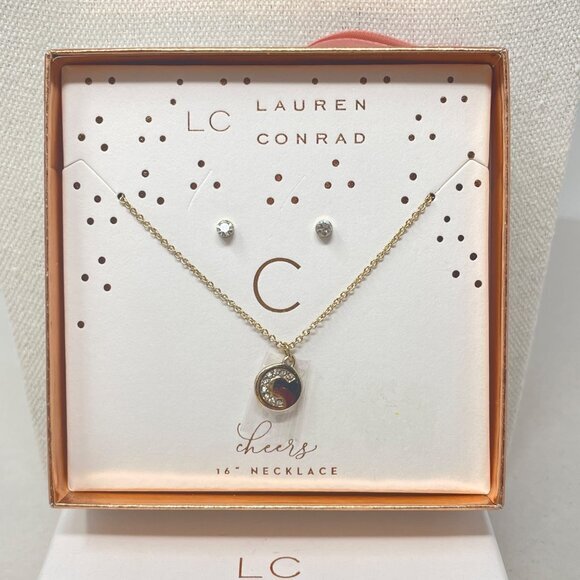 Lauren Conrad Letter C Monogram Necklace & Earring Set Gold-Tone‎ 16" Chain New - Picture 1 of 5